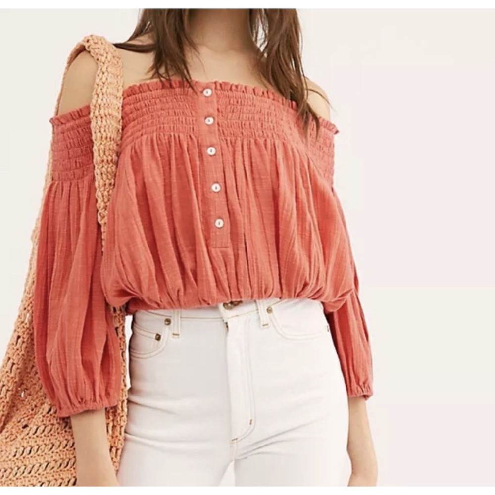 We the Free People Dancing Till Dawn XS Off Shoulder Peasant Crop Top Coral Boho